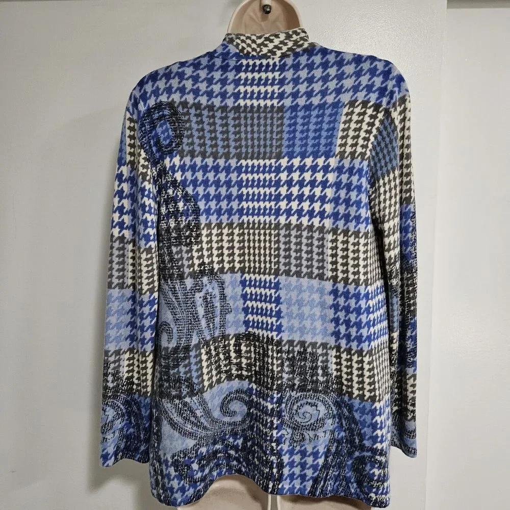 Talbots Petite Medium PM‎ Blue Multi Merino Wool Houndstooth Cardigan Sweater - Picture 4 of 8